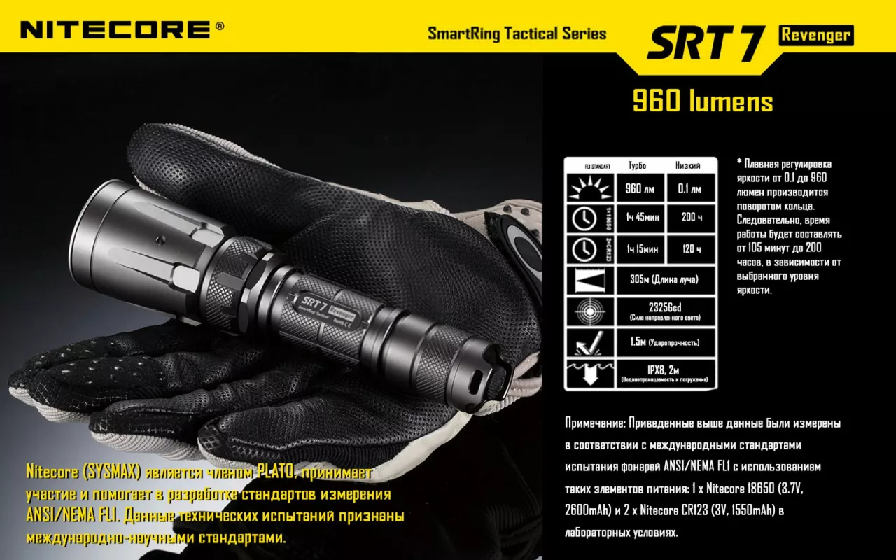 Фонарик аккумуляторный Nitecore SRT7 Revenger (6-1076b) (1x18650, 2xCR123, 2xRCR123) - фото 24