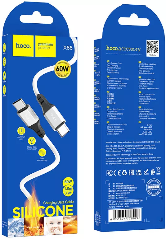 Кабель Hoco X86 Spear USB Type-C - Type-C 60w 3a 1м PD cable White - фото 5