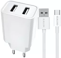 Сетевое зарядное устройство Jellico C6 2.4a 2xUSB-A ports charger + USB-C cable white - фото Сетевое зарядное устройство Jellico C6 2.4a 2xUSB-A ports charger + USB-C cable white