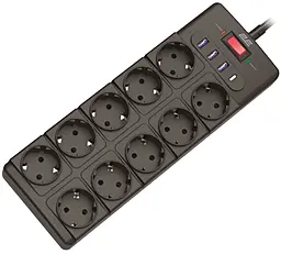 Мережевий фільтр (подовжувач) 2E 10 розеток, 16А, 3xUSB-A/USB-C порти, 3м, з вимикачем чорний (2E-SP10M3USBBK)