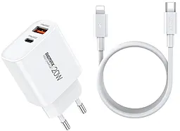 Мережевий зарядний пристрій Remax RP-U120 20w PD USB-C fast charger + USB-C to Lightning cable white - фото Мережевий зарядний пристрій Remax RP-U120 20w PD USB-C fast charger + USB-C to Lightning cable white