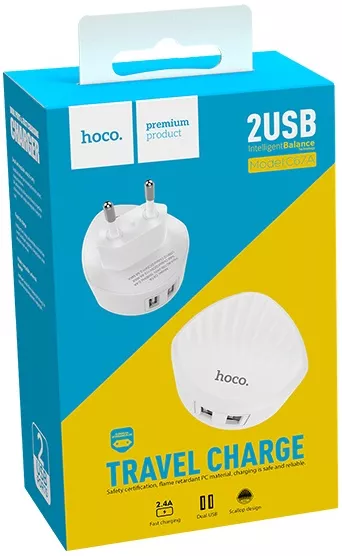 Сетевое зарядное устройство Hoco C67A Shell 2.4a 2xUSB-A ports home charger white - фото 3