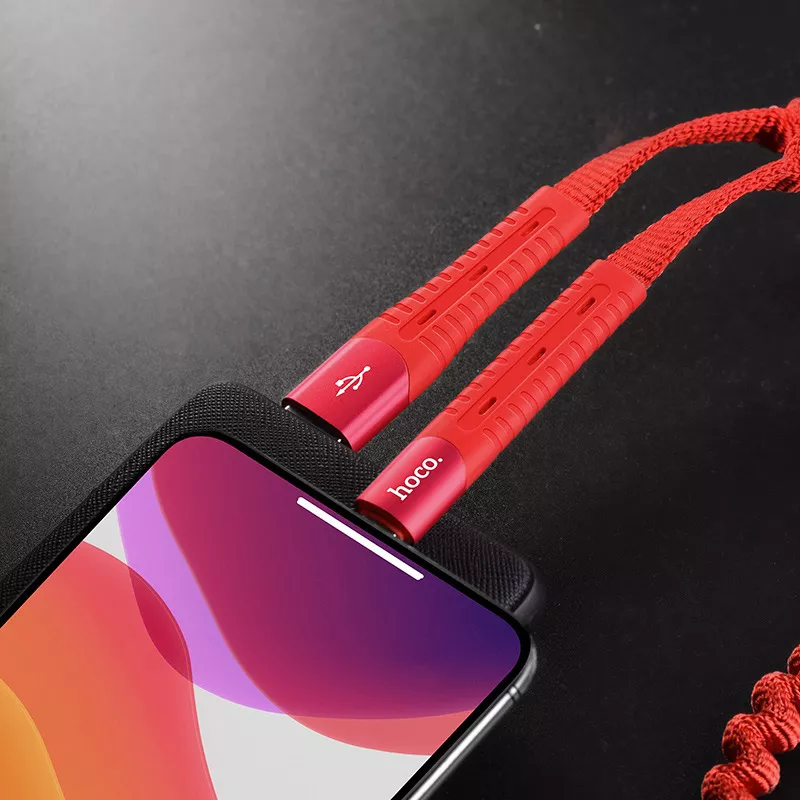 Кабель Hoco U78 Cotton Treasure Elastic USB-A - Lightning 12w 2.4a 1.2м cable Red - фото 4