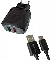 Мережевий зарядний пристрій з швидкою зарядкою Grand GQ-C01 DualUSB QC3.0 + USB Type-C Cable Black