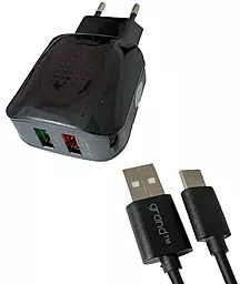 Сетевое зарядное устройство с быстрой зарядкой Grand GQ-C01 18w QC3.0 2xUSB-A ports charger + USB-C cable black - фото Сетевое зарядное устройство с быстрой зарядкой Grand GQ-C01 18w QC3.0 2xUSB-A ports charger + USB-C cable black