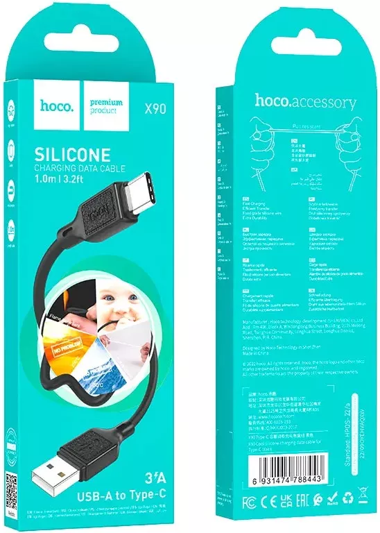 Кабель Hoco X90 Cool Silicone USB-A - Type-C 15w 3a 1м cable Black - фото 6