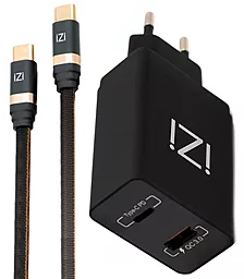 Мережевий зарядний пристрій iZi PW-16 + PM-15 34w PD USB-C/USB-A ports home charger + USB-C to USB-C cable black