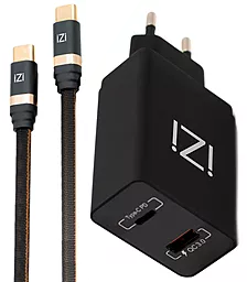Сетевое зарядное устройство iZi PW-16 + PM-15 34w PD USB-C/USB-A ports home charger + USB-C to USB-C cable black - фото Сетевое зарядное устройство iZi PW-16 + PM-15 34w PD USB-C/USB-A ports home charger + USB-C to USB-C cable black
