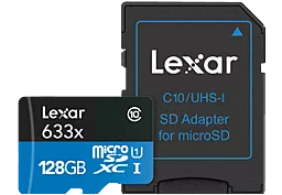 Карта пам'яті Lexar microSDXC 128GB 633x Class 10 UHS-I U1 + SD-адаптер (LSDMI128BBEU633A) - фото Карта пам'яті Lexar microSDXC 128GB 633x Class 10 UHS-I U1 + SD-адаптер (LSDMI128BBEU633A)