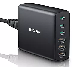 Сетевое зарядное устройство с быстрой зарядкой Rocoren 3xUSB/3xUSB-C PD 100W Total 1.5M Cable Black (RCCTZM-NLZA01)