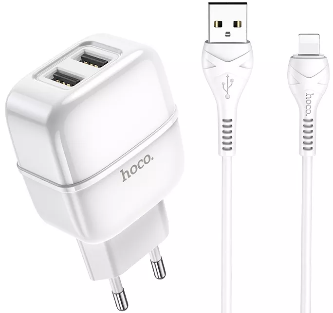 Сетевое зарядное устройство Hoco C77A 2.4a 2xUSB-A ports charger + Lightning cable white - фото 3