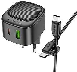 Сетевое зарядное устройство Borofone BAS22A Fortune 20w PD USB-C/USB-A ports charger + USB-C to USB-C cable black - фото Сетевое зарядное устройство Borofone BAS22A Fortune 20w PD USB-C/USB-A ports charger + USB-C to USB-C cable black