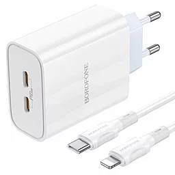 Сетевое зарядное устройство Borofone BA73A Young PD 35w 2xUSB-C ports charger + USB-C to Lightning cable white - фото Сетевое зарядное устройство Borofone BA73A Young PD 35w 2xUSB-C ports charger + USB-C to Lightning cable white