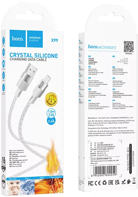 Кабель Hoco X99 Crystal Junction USB-A - micro USB 12w 2.4a 1м cable gray - фото 5
