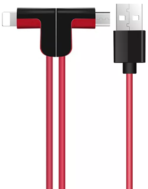 Універсальний кабель Hoco X12 L-shape Magnetic Absorption 2-in-1 USB-A to Lightning/micro USB 12w 2.4a 1.2м cable Red - фото 1