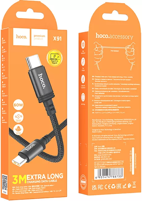 Кабель Hoco X91 USB Type-C - Type-C 60w 3a 3м PD cable Black - фото 6