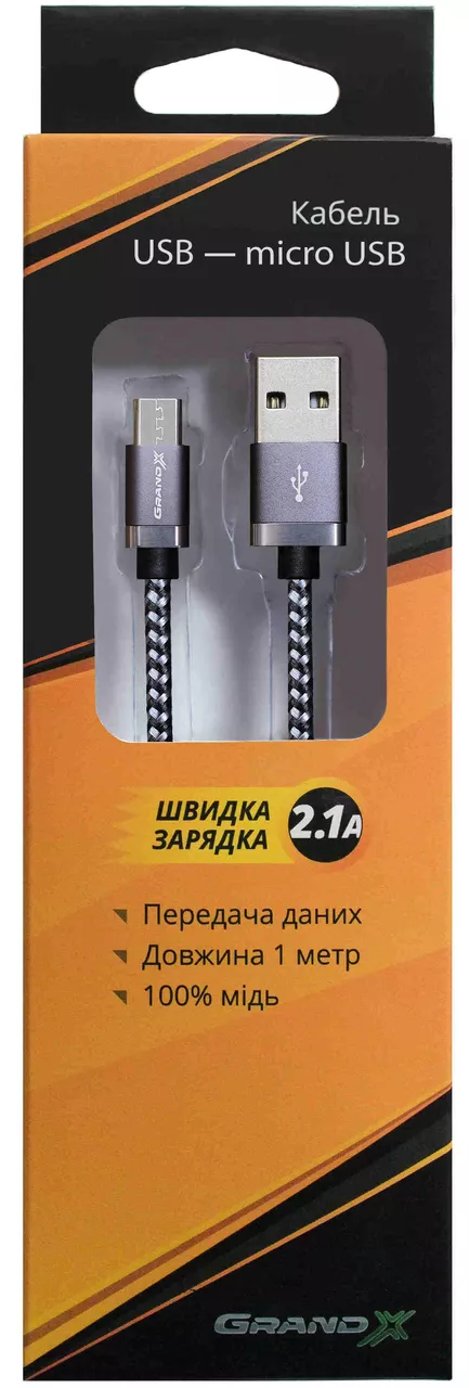 Кабель Grand-X USB-A - micro USB 15w 3a 1м cable Silver/Black (FM07SB) - фото 3