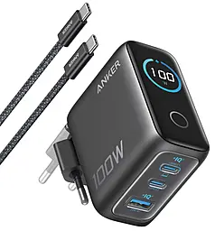 Мережевий зарядний пристрій Anker GaN Charger 100w PD 2xUSB-C/USB-A fast charger + USB-C to USB-C cable dark gray (B121BGZ1) - фото Мережевий зарядний пристрій Anker GaN Charger 100w PD 2xUSB-C/USB-A fast charger + USB-C to USB-C cable dark gray (B121BGZ1)