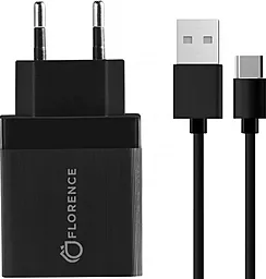 Мережевий зарядний пристрій Florence 2A + USB Type-C Cable Black (FL-1020-KT)