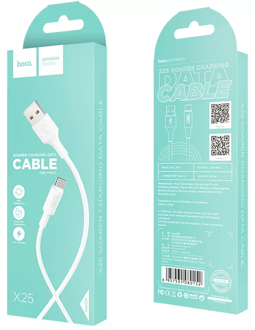 Кабель Hoco X25 Soarer Charging USB-A - Type-C 10w 1м cable White - фото 6