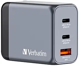 Сетевое зарядное устройство с быстрой зарядкой Verbatim GaN 65 W 3 ports 2xUSB-C/USB-A ports charger grey (32201) - фото Сетевое зарядное устройство с быстрой зарядкой Verbatim GaN 65 W 3 ports 2xUSB-C/USB-A ports charger grey (32201)
