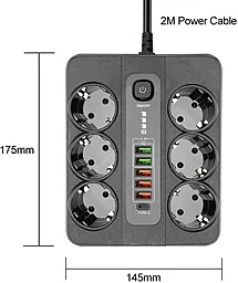 Мережевий фільтр (подовжувач) EasyLife BLK-11 6 Розеток 10A 5xUSB-A-1xC 2M з вимикачeм Black - мініатюра 7