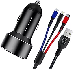 Автомобильное зарядное устройство WUW T44 2.4a 2xUSB-A сar charger + 3-in-1 USB-A to USB-C/micro USB/Lightning cable black