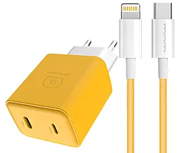 Мережевий зарядний пристрій WUW T78 20w PD USB-C/Lightning ports charger + USB-C to Lightning cable yellow - фото Мережевий зарядний пристрій WUW T78 20w PD USB-C/Lightning ports charger + USB-C to Lightning cable yellow