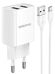 Сетевое зарядное устройство Borofone BA53A Powerway 2.1a 2xUSB-A ports charger + micro USB cable white - фото Сетевое зарядное устройство Borofone BA53A Powerway 2.1a 2xUSB-A ports charger + micro USB cable white