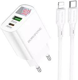 Сетевое зарядное устройство Borofone BA78A golden 20w PD USB-C/USB-A ports charger + USB-C to Lightning cable white