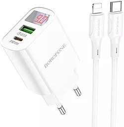 Мережевий зарядний пристрій Borofone BA78A golden 20w PD USB-C/USB-A ports charger + USB-C to Lightning cable white - фото Мережевий зарядний пристрій Borofone BA78A golden 20w PD USB-C/USB-A ports charger + USB-C to Lightning cable white