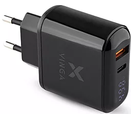 Мережевий зарядний пристрій з швидкою зарядкою Vinga 18w PD/QC3.0 USB-C/USB-A ports display wall charger black (VWCQPACDBK)