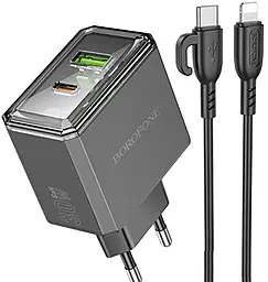 Мережевий зарядний пристрій Borofone BAS32A Treasure 30w GaN PD USB-C/USB-A ports charger + USB-C to Lightning cable black - фото Мережевий зарядний пристрій Borofone BAS32A Treasure 30w GaN PD USB-C/USB-A ports charger + USB-C to Lightning cable black