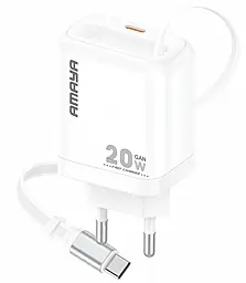 Сетевое зарядное устройство Amaya E220S 20w GaN PD USB-C port fast charger + retractable Type-C cable White - фото Сетевое зарядное устройство Amaya E220S 20w GaN PD USB-C port fast charger + retractable Type-C cable White