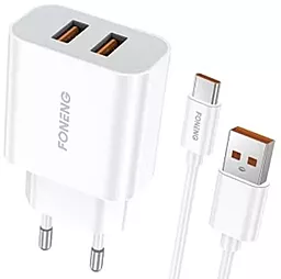 Мережевий зарядний пристрій Foneng EU45 2USB-A ports + USB-С cable home charger white (EU45-CH-TC)