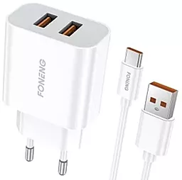 Сетевое зарядное устройство Foneng EU45 2.4a 2xUSB-A ports charger + USB-С cable white (EU45-CH-TC) - фото Сетевое зарядное устройство Foneng EU45 2.4a 2xUSB-A ports charger + USB-С cable white (EU45-CH-TC)