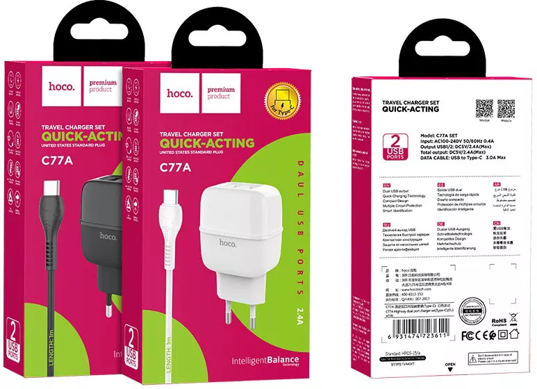 Сетевое зарядное устройство Hoco C77A 2.4a 2xUSB-A ports charger + USB-C cable black - фото 6