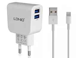Сетевое зарядное устройство LDNio DL-AC56 2.1 2xUSB-A ports charger + Lightning cable white - фото Сетевое зарядное устройство LDNio DL-AC56 2.1 2xUSB-A ports charger + Lightning cable white