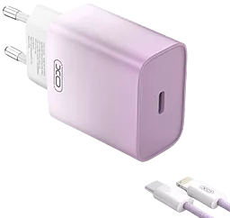Сетевое зарядное устройство XO CE18 30w PD USB-C fasr charger + USB-C to Lightning cable violet - фото Сетевое зарядное устройство XO CE18 30w PD USB-C fasr charger + USB-C to Lightning cable violet