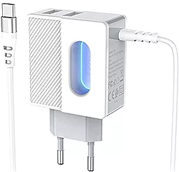 Сетевое зарядное устройство Hoco C75 2.4a 2xUSB-A ports charger + USB-C cable white - фото Сетевое зарядное устройство Hoco C75 2.4a 2xUSB-A ports charger + USB-C cable white
