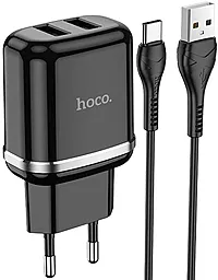 Сетевое зарядное устройство Hoco N4 2.4a 2xUSB-A ports home charger + USB-C cable black - фото Сетевое зарядное устройство Hoco N4 2.4a 2xUSB-A ports home charger + USB-C cable black