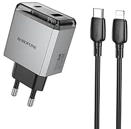 Мережевий зарядний пристрій Borofone Lena 35w GaN PD USB-C/UBS-A ports charger + USB-C to Lightning cable gray - фото Мережевий зарядний пристрій Borofone Lena 35w GaN PD USB-C/UBS-A ports charger + USB-C to Lightning cable gray