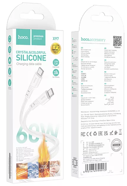 Кабель Hoco X97 Crystal Silicone USB Type-C - Type-C 60w 3a 1м PD cable White - фото 6