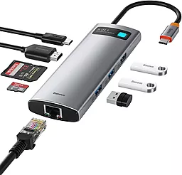 USB Type-C концентратор (хаб) мультипортовий Baseus Metal Gleam Series 8-in-1 Type-C Gray (CAHUB-CV0G) - мініатюра 3
