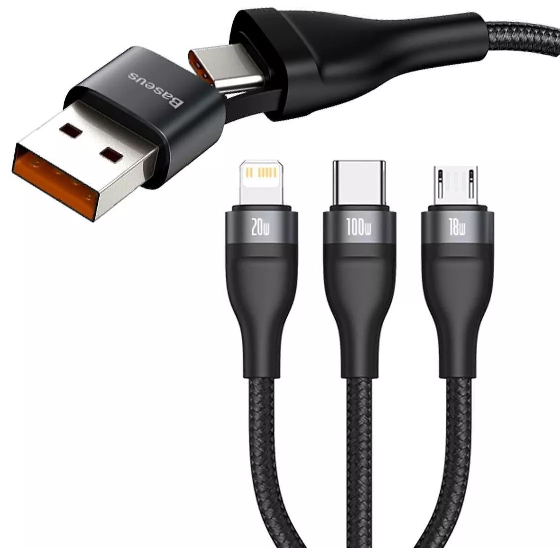 Універсальний кабель Baseus Flash 6-in-1 USB-A/Type-C to Type-C/Lightning/micro USB 100w 5a 1.2м PD сable Black (CA2T3-G1) - фото 2