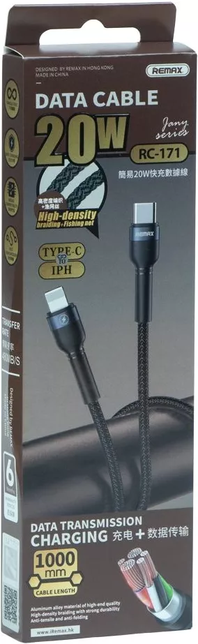 Кабель Remax USB Type-C - Lightning 20w 3a 1м PD сable Black (RC-171) - фото 2