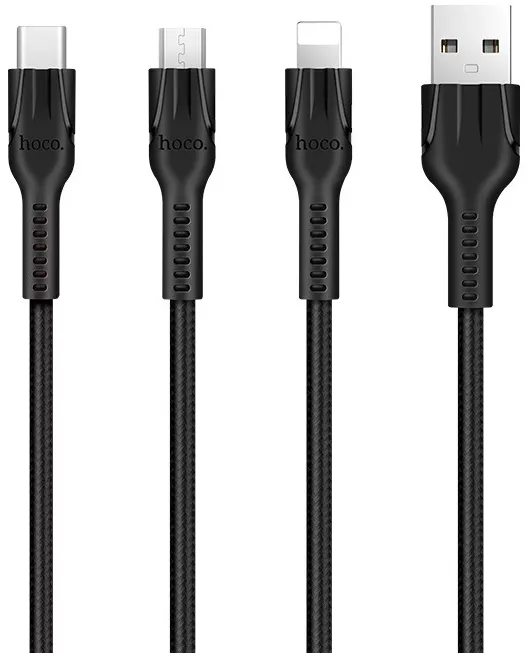 Універсальний кабель Hoco U31 Benay 3-in-1 USB-A to Type-C/Lightning/micro USB 12w 2.4a 1.2м сable Black - фото 1