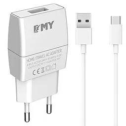 Сетевое зарядное устройство EMY MY-A101 1a home charger + USB-C cable white (YT-KMY-A101-C) - фото Сетевое зарядное устройство EMY MY-A101 1a home charger + USB-C cable white (YT-KMY-A101-C)