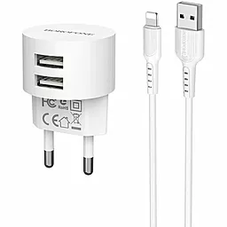 Мережевий зарядний пристрій Borofone BA23A Brilliant 2.4a 2xUSB-A ports charger + Lightning cable white - фото Мережевий зарядний пристрій Borofone BA23A Brilliant 2.4a 2xUSB-A ports charger + Lightning cable white