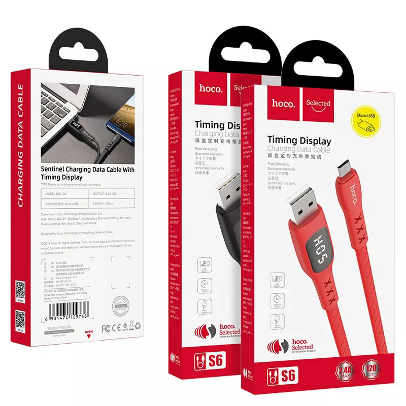 Кабель Hoco S6 Sentinel USB-A - micro USB 12w 2.4a 1.2м cable Red - фото 6